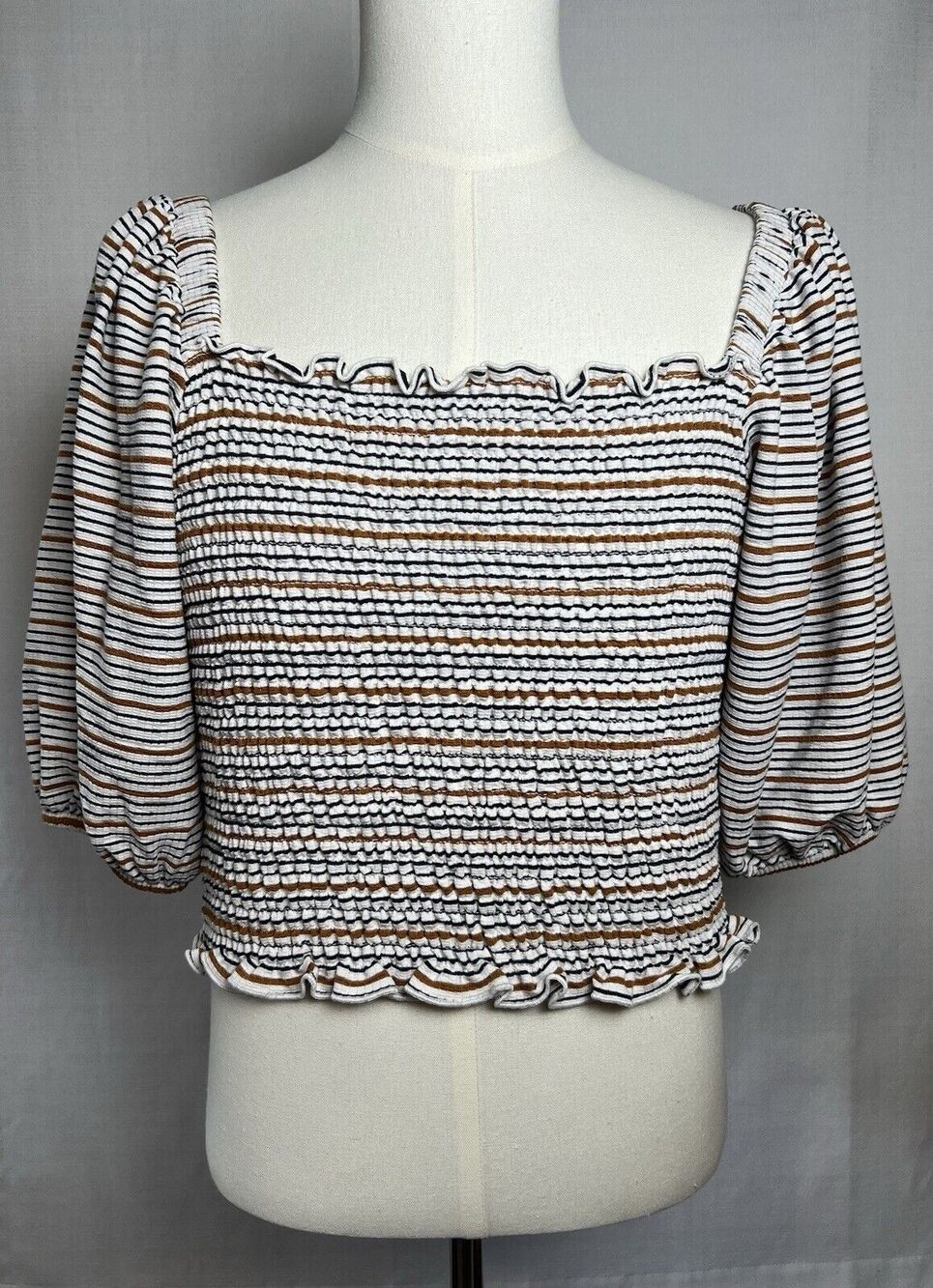 LOFT Women’s Top Medium Striped Smocked Puff Sleeve Stretch Casual